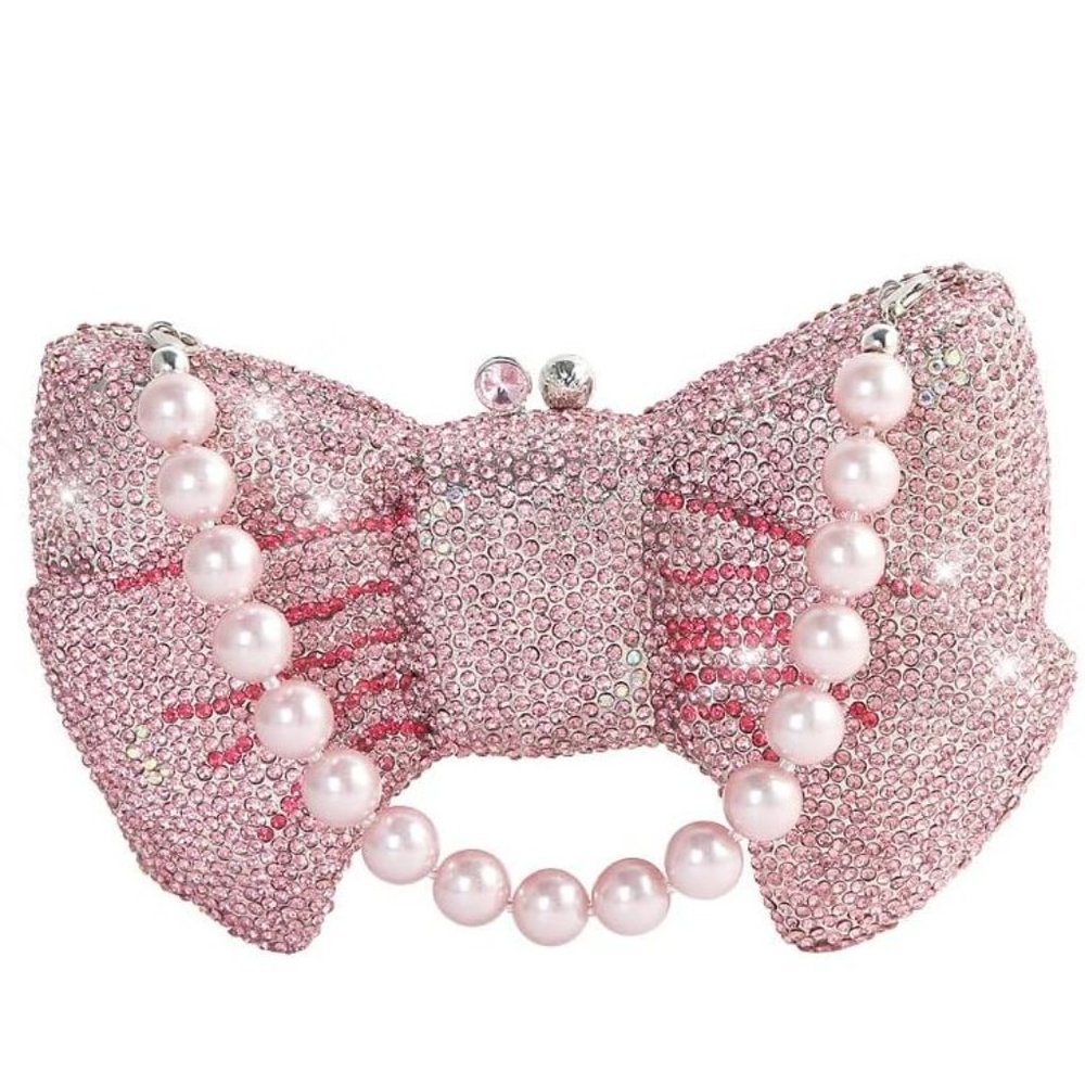 NWT Sparkling Bling Crystal Rhinestone Bow Clutch Purse Pink Gold Silver…